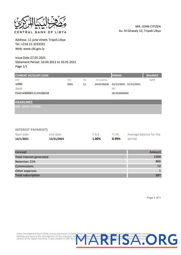 Printable Libya Central Bank Of Libya bank statement excel sample